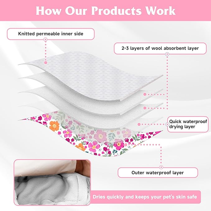 4 Pack Reusable Female Dog Diaper, Highly Absorbent Doggie Diapers for Female Dogs, Dog Diaper Large, Flowers