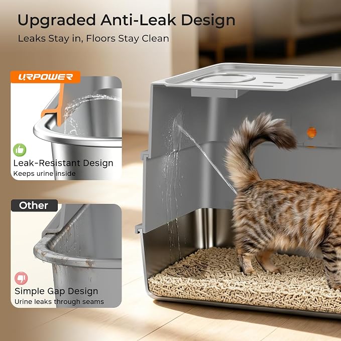 URPOWER Stainless Steel Cat Litter Box with Lid 180° Flip-Top Enclosed Kitty Litter Box Non-Sticky Metal Pan with High Sided & Scoop for Kitten, Small Cats, Odor Free, Anti-Leakage, Easy Cleaning
