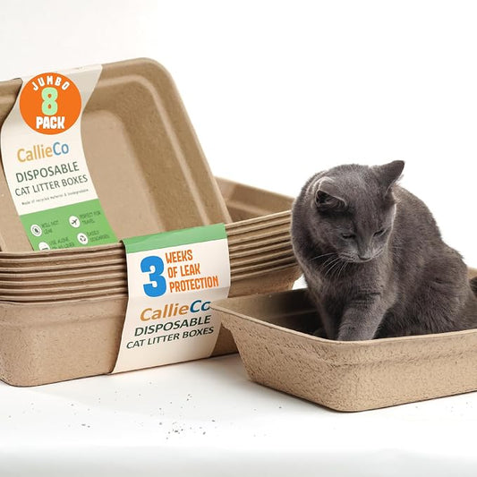 CallieCo Disposable Cat Litter Boxes - Portable Biodegradable Travel Litter Box for Cats, Sturdy and Durable Kitty Poo Box, Leak-Resistant Cat Tray Liners, Easy-Grip Rim, Jumbo - 8 Pack
