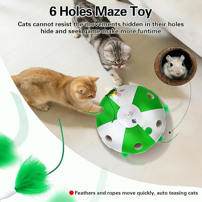 Sofolor Cat Toys Rechargeable, Interactive Cat Toys for Indoor Cats, Touch Activated, Moving Feather, Bird Chirping, 6 Holes Maze Mouse Catching Game