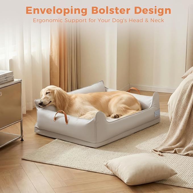 Removable Orthopedic Dog Beds for Large Dogs, Leather Memory Foam Dog Sofa Bed, Waterproof Durable Dogs Bed Couch with Non Skid Bottom for All Pet Sizes (Silver Gray, Medium)