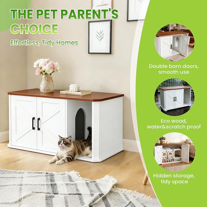 Modern Wooden Cat Litter Box Enclosure, Hidden Washroom Cabinet with Double Doors and Side Entry, Large Cat House End Table, Easy-Clean Sturdy Furniture