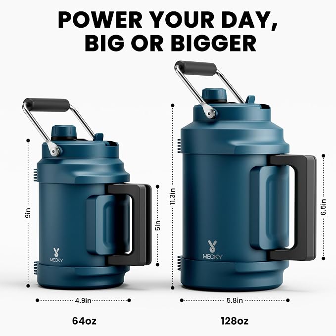 1 Gallon Insulated Water Bottle for Sports: Meoky 128 oz Triple Wall Vacuum Stainless Steel Water Jug - Top and Side Handles, Cold for 48 Hrs, 2-in-1 Straw and Spout Lid, Leak Proof for Hiking (Denim)