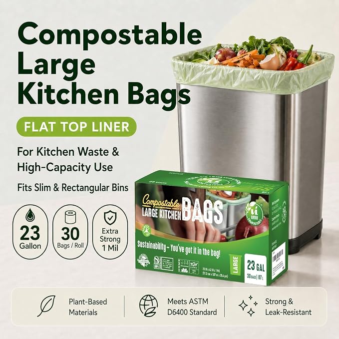 UNNI Compostable Trash Bags, 20-23 Gallon / 87 Liter, 60 Count Value Pack, Extra Thick 1.0 mil Large Bin Liners for Food Scrap, BPI, CMA & OK compost HOME Certified (Meets ASTM D6400)