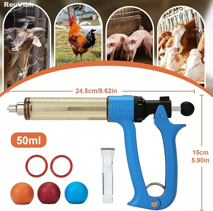 50ml Semi-Auto Repeating Livestock Syringe Gun, 5 Dose Settings | Ergonomic Grip, Clear Barrel & Luer Lock, Vet Injector for Cattle, Horses, Goats, Sheep & Pigs