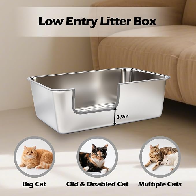 Stainless Steel Cat Litter Box,Jumbo XL Extra Large Mental Cat Litter Pan with High Sides Lid,Low Entry for Indoor Big Cats,Non Sticky,Easy to Clean,Anti-Urine Leakage