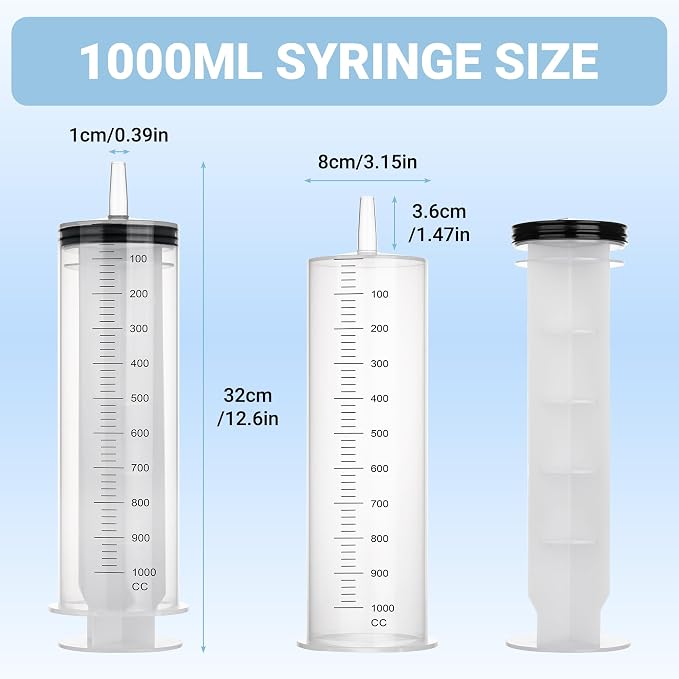 1000ml Large Syringe,Plastic Syringes for Liquid with Tip Adapter, for Scientific Labs, Measuring, Watering, Refilling, Filtration Multiple Uses, Individual Sealed