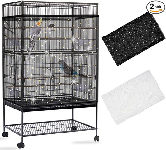 Daoeny 2PCS Bird Cage Seed Catcher, Large Bird Cage Cover, Adjustable Soft Airy Nylon Mesh, Birdcage Cover Skirt Seed Guard for Parrot Parakeet Macaw Round Square Cages (Black & White Sequins Star)