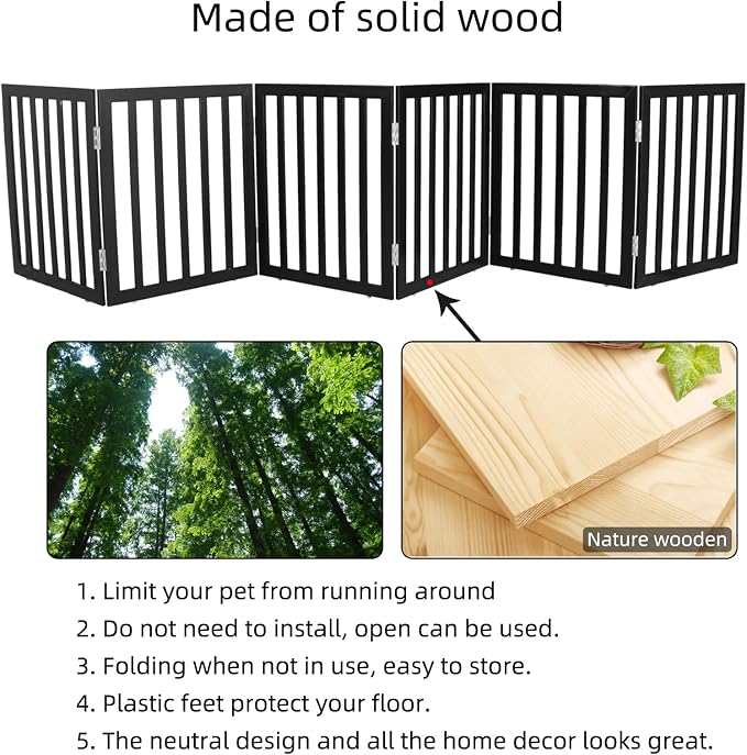 Dog Gate Indoor, Freestanding Dog Fence for The House, Doorways, Hallways,or Stairs,Pet Gate Foldable Wooden,Expandable 24" Height 6 Panels,Black
