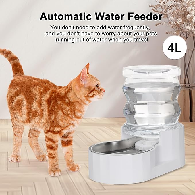 RIZZARI 4L Gravity Pet Water Dispenser with Stainless Steel Bowl – Activated Carbon & Ion Exchange Filter for Urinary Health, Automatic Flow, for Cats & Small Dogs in Apartments or Single-Pet Homes