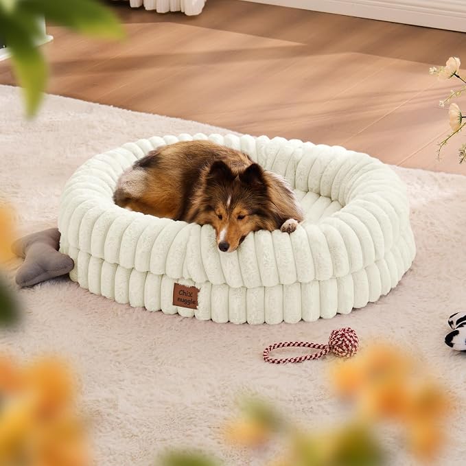 ChiXnuggle Orthopedic Dog Bed for Medium Dogs, Waterproof Faux Rabbit Fur Dog Couch with Egg Crate Foam Support and Washable Removable Cover, Bolster Pet Sofa with Non-Slip Bottom, 30x24x7, Cream
