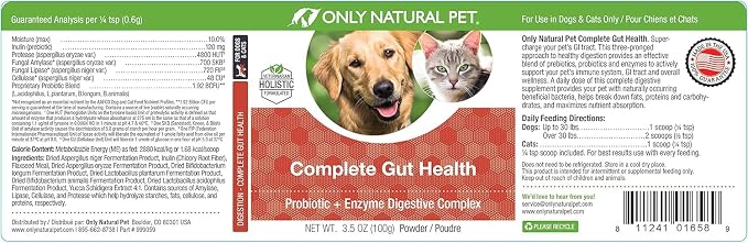 Only Natural Pet Complete Gut Health Complex - Probiotics & Digestive Enzyme Supplement for Dogs & Cats - Promotes Healthy Digestion, Immune System, Nutrient Absorption -3.5oz Powder (Pack of 2)