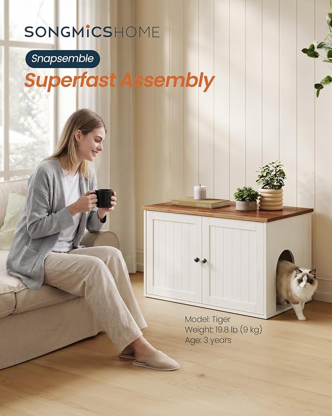 SONGMICS HOME Litter Box Enclosure, Snapsemble Superfast Assembly, Cat Litter Box Furniture, Push-to-Open Doors, Indoor Cat House, Rustic White and Honey Brown UPCL233WJ04S