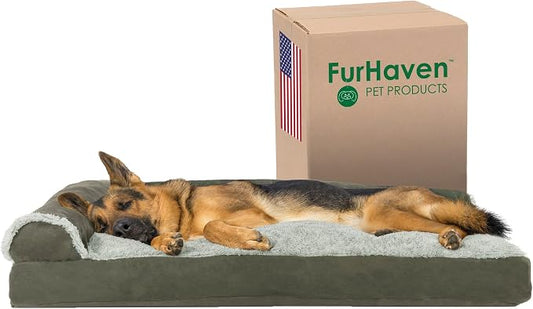 Furhaven Pillow Dog Bed for Large Dogs w/ Removable Bolsters & Washable Cover - Two-Tone Plush Faux Fur & Suede L Shaped Chaise - Dark Sage, Jumbo/XL