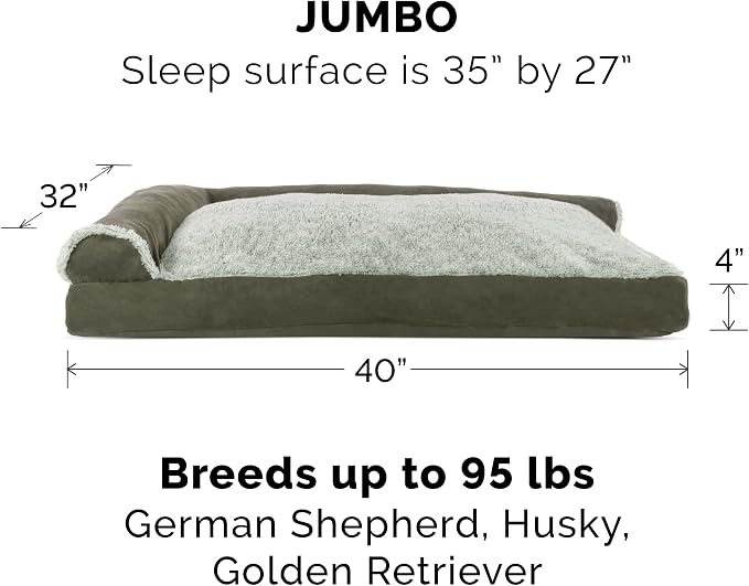 Furhaven Pillow Dog Bed for Large Dogs w/ Removable Bolsters & Washable Cover - Two-Tone Plush Faux Fur & Suede L Shaped Chaise - Dark Sage, Jumbo/XL