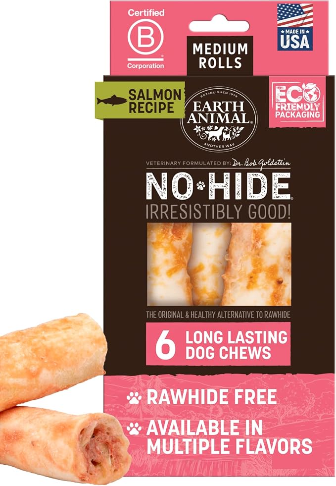 Earth Animal No Hide Chews - Long Lasting Rawhide Free Medium Dog Chews Rolls, Salmon - 6 Count