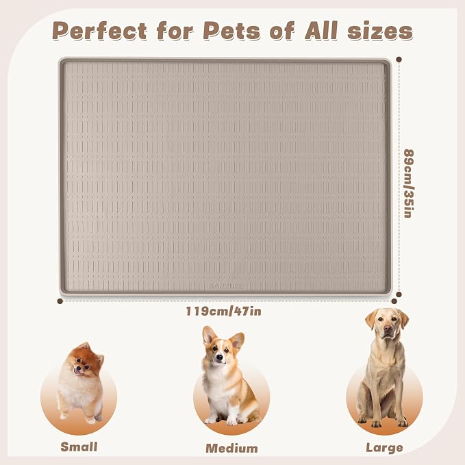 47" x 35" Silicone Dog Food Mat, Waterproof Pet Feeding Mat with Raised Edge, Extra Large Dog Bowl Mat Non-Slip Water Bowl Placemats for Dogs, Protects Floors, Easy to Clean (Beige)