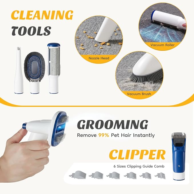 NEWBULIG Pet Grooming Vacuum Kit, 2.5L Dust Cup, 3 Suction Modes and 5 Groomer Tools, Dog Clippers with Cordless Low Noise for Cats, Dogs Other Animals Hair Trimmer
