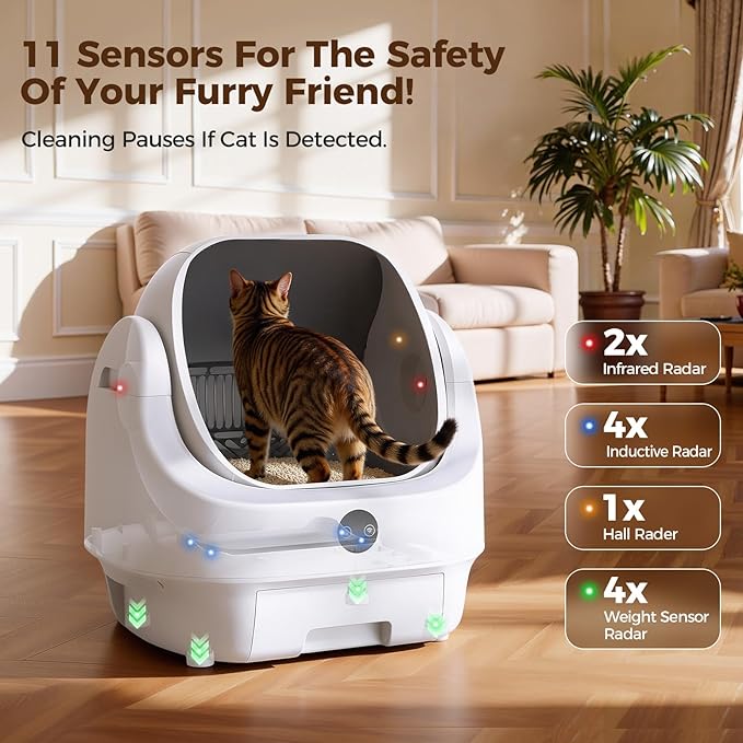Open-Top Automatic Litter Box, Odor Control, Ready to Use, Self Cleaning Litter Box, Large Capacity with APP Control and Safety Sensor, Ellenpent, with Trash Bags/Waterproof Mat/Litter Mat