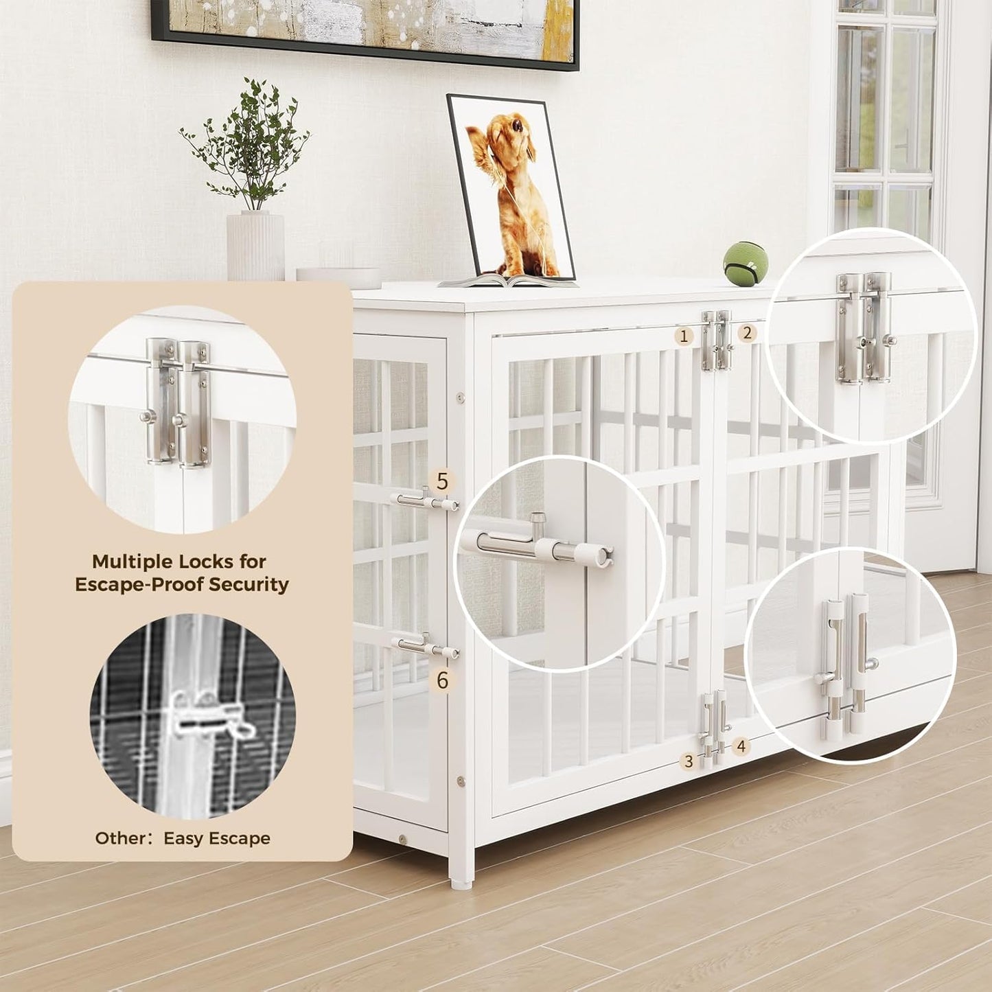 32 Inch Heavy Duty Wooden Dog Kennel End Table with Double Door Design and Secure Locks, Indoor Pet Crate Furniture for Medium Dogs, Decorative Home Cage Design,White