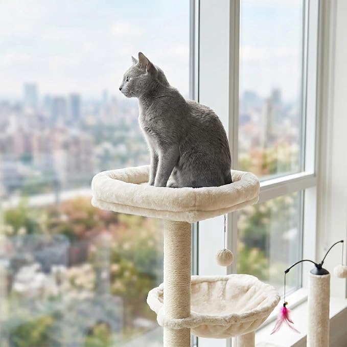 商品图片 YUNIQUE Multi-Functional Cat Tree Tower, Big Cat Condo with Scratching Board, Rotating Toy & Deep Hammock, Luxury Perch Kitty Furniture for Indoor Cats (White)