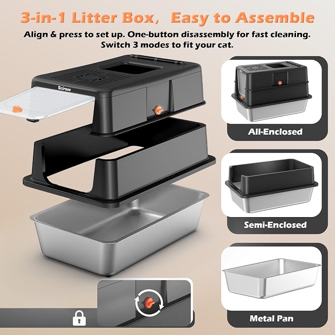 Stainless Steel Litter Box with Lid, Extra Large Litter Box Enclosed Top Entry Metal Litterbox for Big Cats Easy Cleaning Anti-Leakage & High Sided Black
