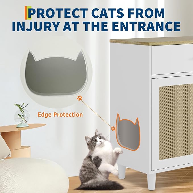 PeakPursuit Hidden Litter Box Enclosure Furniture, 31.5'' Wooden Self Cleaning Litter Box Cabinet with Storage Drawer and Sisal Doors, Corner Cat Kitten Cabinet Side Table White