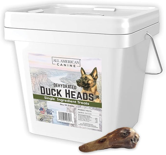 All American Canine 30 Natural Duck Head Dog Treats – Single Ingredient, Dehydrated & Digestible – Low-Fat, High-Protein Chew for Training & Dental Health – Made in USA