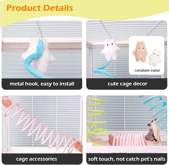 Small Pet Activity Set - 2pc Wooden Bird Foraging Toys and 3pc Sugar Glider Climbing Ropes for Cage Enrichment Green Blue Yellow