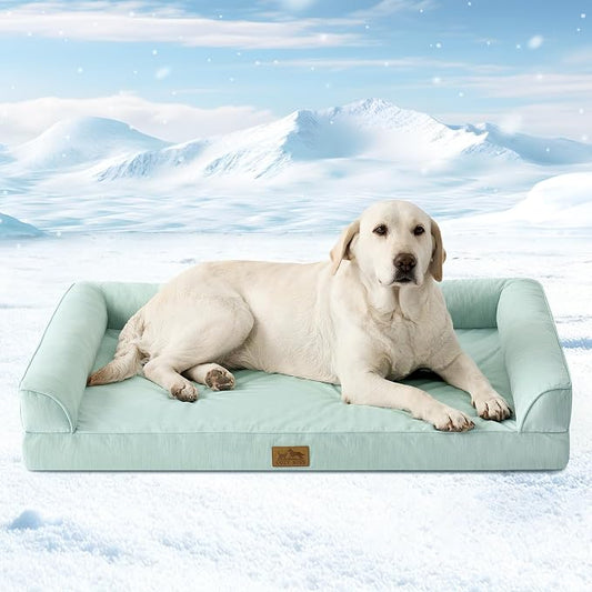 COZY KISS Cooling Dog Bed for Large Dogs, 42"x30" Orthopedic Foam Sofa with Bolster Sides, Q-Max >0.4 Cooling Technology, Cool Pet Bed with Removable Washable Cover, Green