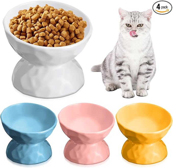 Bokon 4 Pcs Ceramic Raised Cat Bowl 6.8 oz Pet Food Bowl Anti Vomiting Pet Elevated Dog Feeder Tilted Cat Water Bowl Feeding Kitten Dishes for Small Dog Kitten(White, Yellow, Blue, Pink)