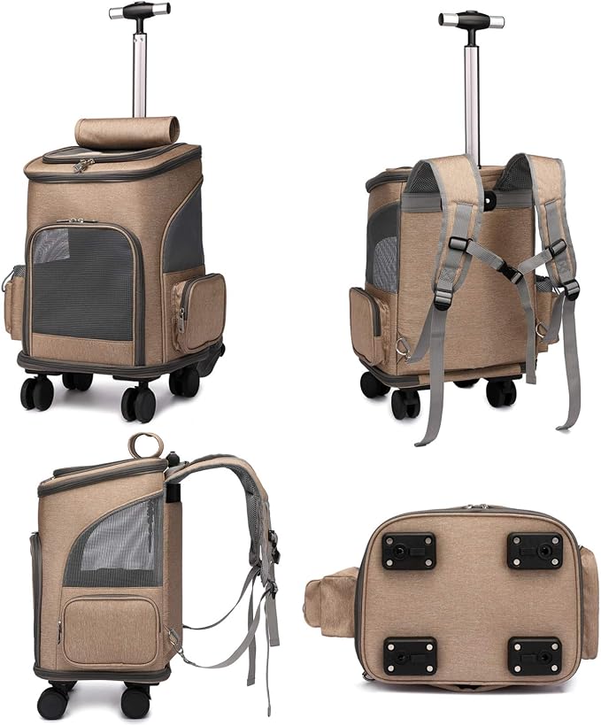 Pet Travel Rolling Backpack Rolling Carrier with Wheel Breathable Airline Approved Pet Carrier Stroller Soft-Sided Carrier Bag for Small Dogs Cats Rabbit for Indoor & Outdoor Use,Khaki