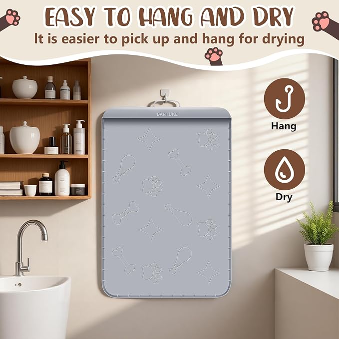 Dog Food Mat with Collection Pocket, 42''x28'' Extra Large Silicone Pet Feeding Mat for Food and Water, Waterproof Anti-Slip Dog Mat with Edge and Handle, Pet Placement for Floor(Light Grey)