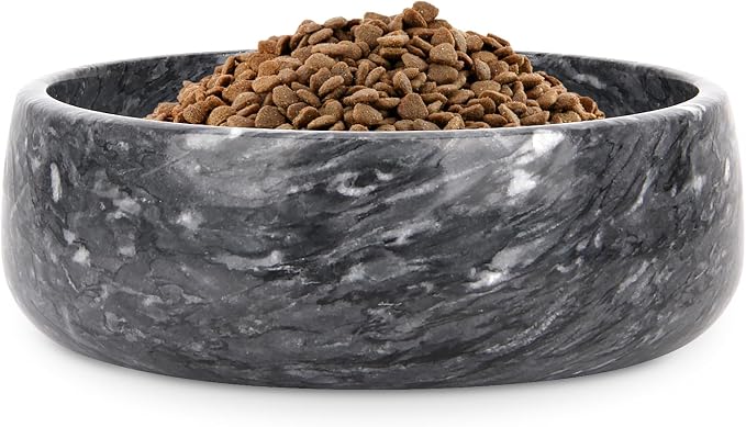 Marble Dog Bowl, Natural Stone Weighted Spill Proof Pet Food Water Container, Non-Slip Easy to Clean, Small Size for Small and Medium Dogs (Dark Grey, Medium)