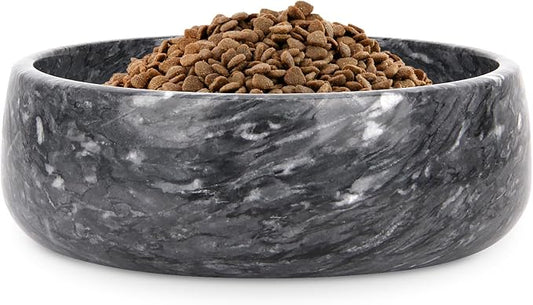 Marble Dog Bowl, Natural Stone Weighted Spill Proof Pet Food Water Container, Non-Slip Easy to Clean, Small Size for Small and Medium Dogs (Dark Grey, Medium)