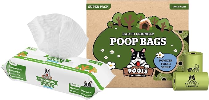 Pogi's Poop n' Wipe Combo Pack - 900 Doggy Poop Bags & 100 Plant-based Dog Wipes Bundle