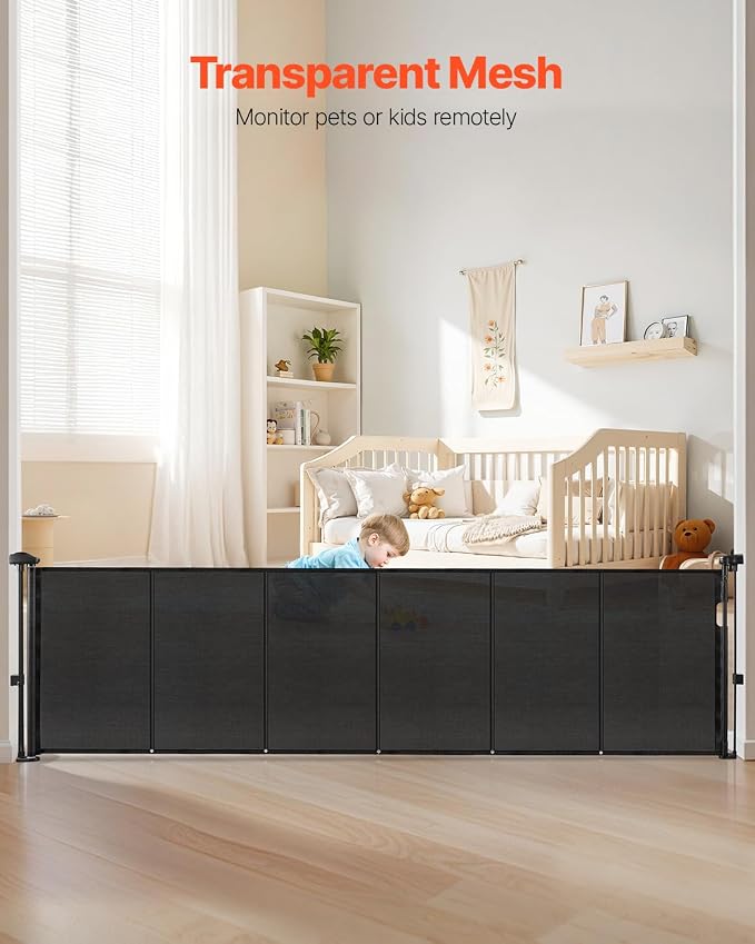 VEVOR Retractable Baby Gate, 34 inch Tall, Extends up to 110 inch Wide, Retractable Gate for Kids or Pets, Mesh Material, Easy to Install for Indoor Stairs, Doorways, Hallways, Playrooms, Black