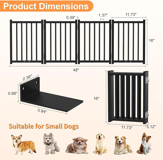 Snughome Short Dog Gate Indoor, 16" High Freestanding Small Dog Door Gate with Support Feet, Expands Up to 48’’ Wide Foldable Pet Gates for Doorway, 4 Panel Folding Pet Door Pet Fence for Puppy, Black