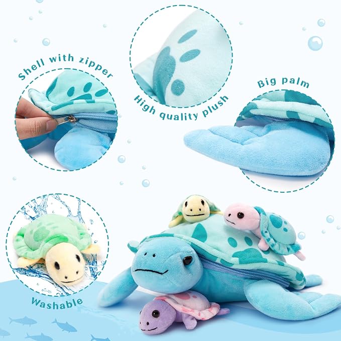 Muiteiur 4-in-1 Sea Turtle Stuffed Animal with Babies Inside, 12.6" Soft Mommy Turtle Plush Toy with 3 Babies, Blue Stuffed Marine Life for Kids Girl Boy