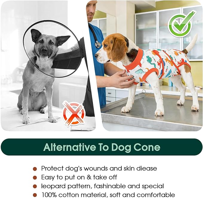 Kuoser Dog Surgery Recovery Suit, Soft Breathable Dog Recovery Suit for Female Spay Male Nueuter, Anti Licking Puppy Onesie Pet Surgical Suit for Dogs Abdominal Wounds Skin Disease, Dinosaur XL