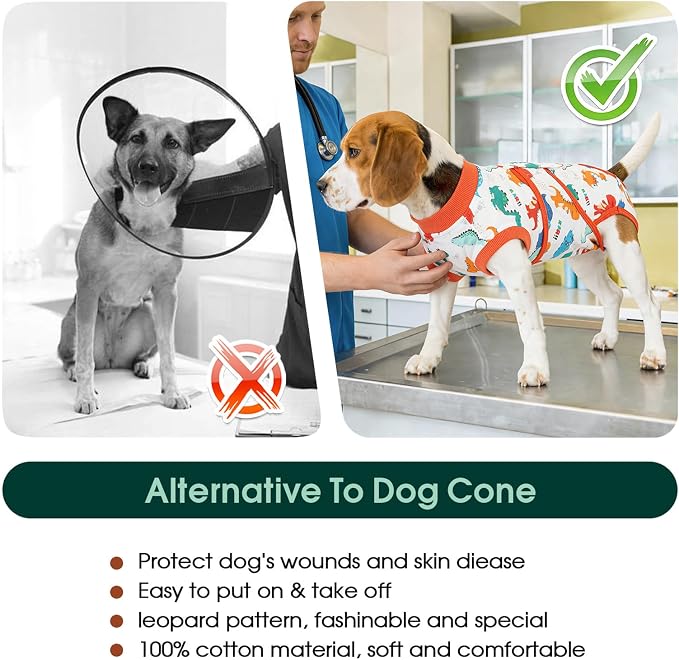 Kuoser Dog Surgery Recovery Suit, Soft Breathable Dog Recovery Suit for Female Spay Male Nueuter, Anti Licking Puppy Onesie Pet Surgical Suit for Dogs Abdominal Wounds Skin Disease, Dinosaur S
