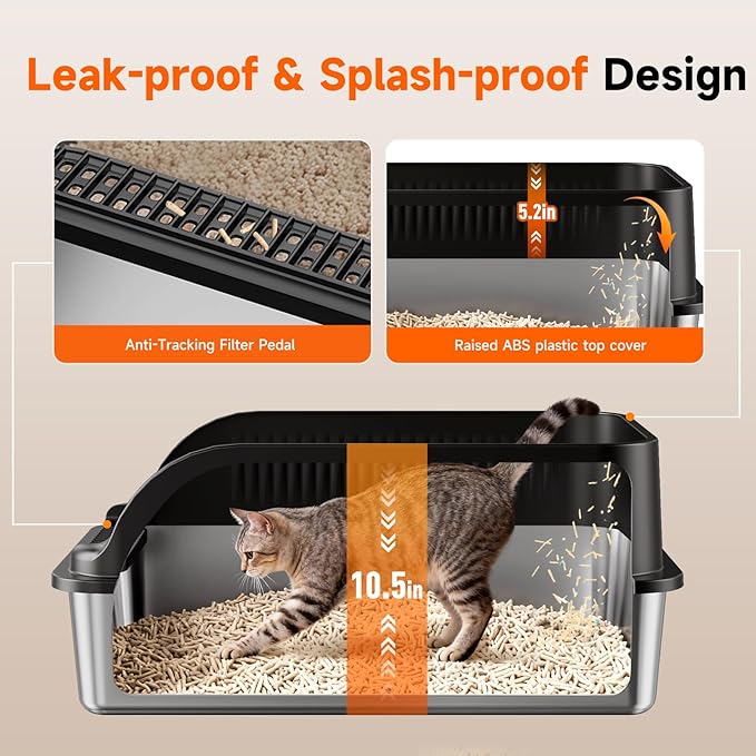 Stainless Steel Cat Litter Box with Lid, XL Extra Large High Sided Litter Box for Big Cats, Odor Free Open Top Litter Pan Easy Cleaning Anti-Urine Leakage Non-Stick, Includes Scoop