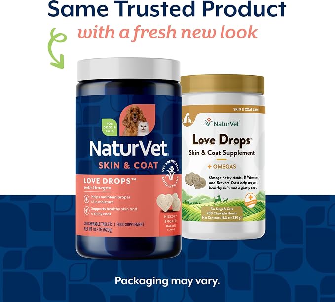NaturVet Love Drops Plus Omegas Skin & Coat Supplement for Dogs and Cats – for Dog Skin, Cat Coats – Includes Brewer’s Dried Yeast, Omega-3, Omega-6 – Peanut Butter Flavor – 200 Ct.