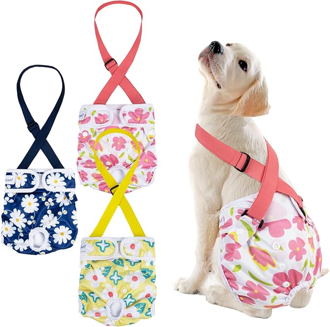 Pet Soft Dog Diapers Female with Suspenders, 3 Pack Reusable Female Dog Diapers for Heat, Dog Period Panties for Doggie in Cycle(Medium, Flowers)