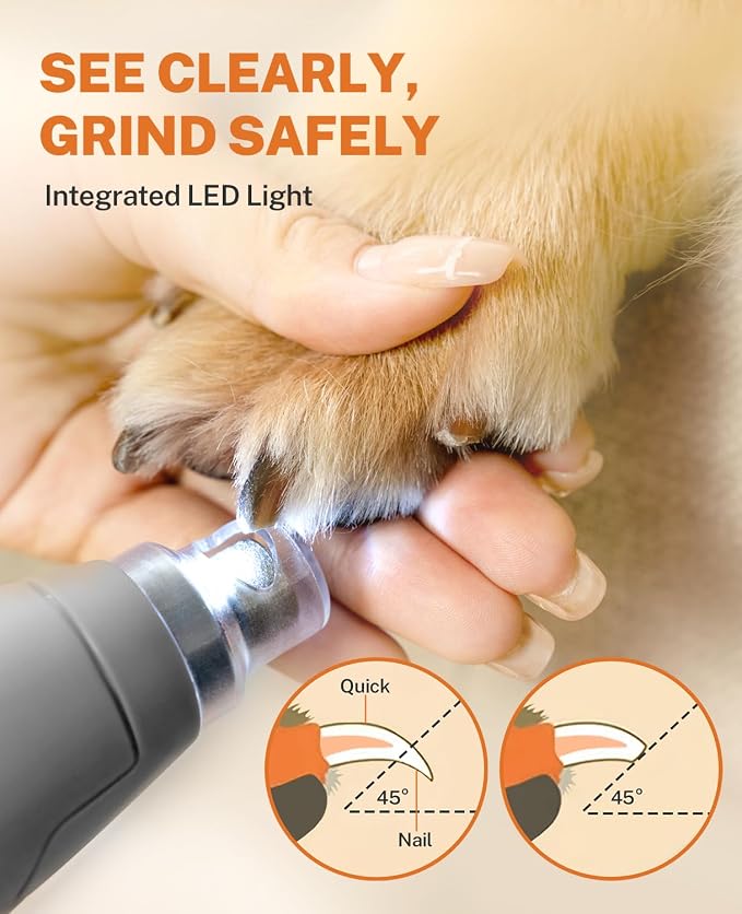 Toozey Dog Nail Grinder with LED Light & 3 Speeds — Quiet Rechargeable Electric Pet Nail Trimmer for Small, Medium, Large Dogs and Cats, USB-C Charging