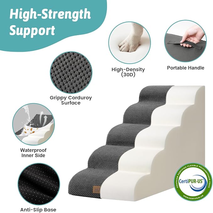 COZY KISS Wide Dog Stairs for Small Dog 22.6" H, Curved Pet Step for Puppy, Older Cat, Curved Ramp for High Bed or Car, Ladder with High Density Foam, Durable, 5 Step, 17.7x33x22.6 inch, Dark Grey