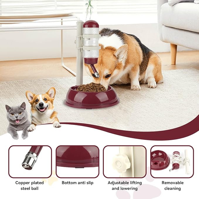 Adjustable No Drip Pet Water Dispenser, Portable Dog & Cat Water Bottle Stand with 500ml Bottle Food Bowl Leak Proof Stainless Steel Ball Dispenser for Travel Camping Indoor Use (Brown)