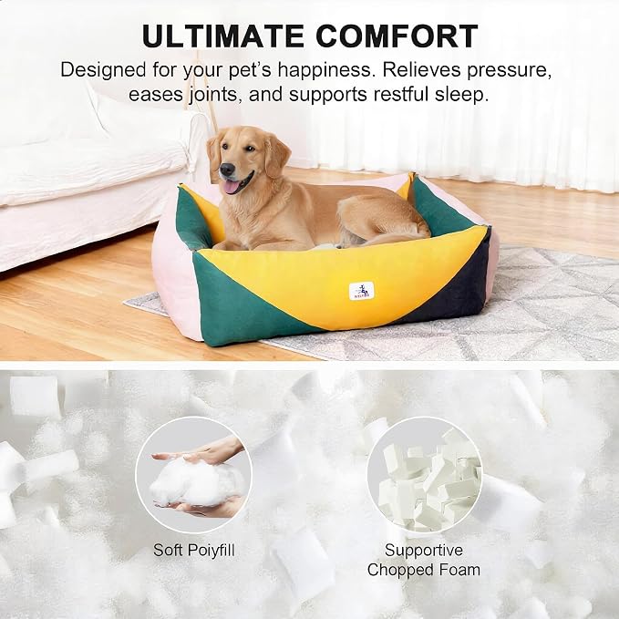 Cotton Canvas Dog Bed, Dog Beds Large Sized Dog, Orthopedic Bed with Washable Removable Cover Durable 290 GSM Cotton Anti-chewing Pet Bed with Anti-Slip Bottom (38"x30"x12", Pink&Yellow&Green)