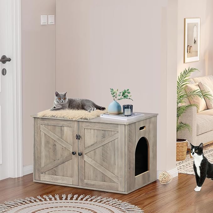Timberer Cat Litter Box Enclosure, Litter Box Furniture Hidden with Removable Divider, Wooden Cat Washroom Furniture, Greige
