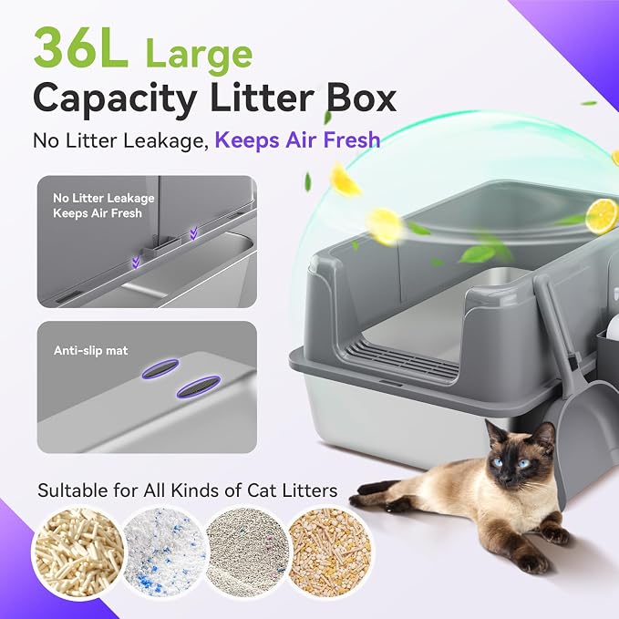 Stainless Steel XL Cat Litter Box for Cats, High-Sided Design Prevents Urine Leakage, Non-Stick, Easy to Clean, Includes Scoop, Grey